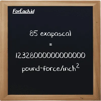 How to convert exapascal to pound-force/inch<sup>2</sup>: 85 exapascal (EPa) is equivalent to 85 times 145040000000000 pound-force/inch<sup>2</sup> (lbf/in<sup>2</sup>)